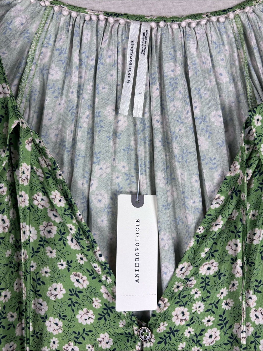 Anthropologie Floral Peasant Blouse Green Boho Tie Neck Long Sleeve NWT L - Picture 2 of 5
